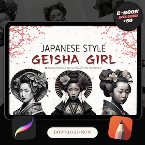 50 Geisha Girls Procreate Brush Stamps: Japanese Tattoo Designs (Digital Download)