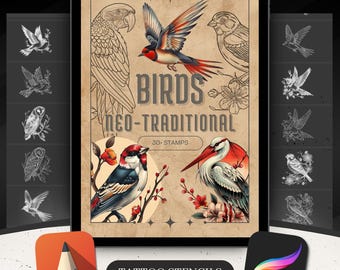 Neo-Traditional Bird Tattoo Stencils | Procreate Brushes & Stamps | Digital Tattoo Flash Pack