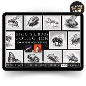 May include: A digital tablet displays a collection of insect and bug illustrations. The screen shows a variety of detailed black and white drawings of insects, including a bee, butterfly, and beetle. Text on the screen reads "INSECTS & BUGS COLLECTION" and "100 REFERENCE DESIGNS."
