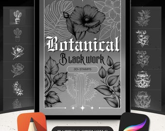Blackwork Botanical Tattoo Stencils | Procreate Brushes & Stamps | Digital Tattoo Flash Stencil Pack for Artists