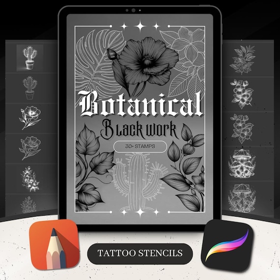 Blackwork Botanical Tattoo Stencils | Procreate Brushes & Stamps | Digital Tattoo Flash Stencil Pack for Artists