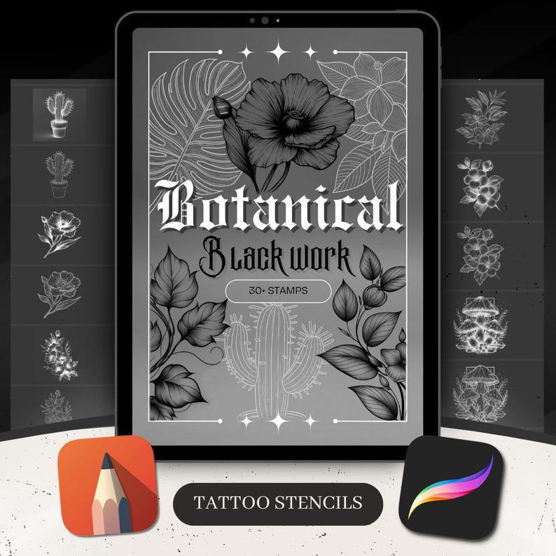 May include: A digital illustration of 30 botanical blackwork tattoo stencils. The image shows a variety of floral and cactus designs, including a large flower, a cactus, and several leaves. The text "Botanical Blackwork" and "30+ Stamps" is visible on the image.