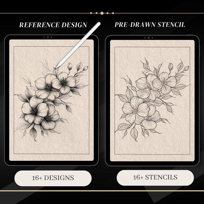 Blackwork Botanical Tattoo Stencils | Procreate Brushes & Stamps | Digital Tattoo Flash Stencil Pack for Artists image 8