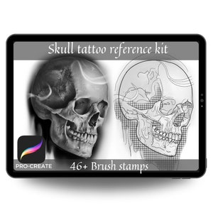 May include: A digital tablet screen displaying a skull tattoo reference kit with a realistic skull image and a gridded outline of a skull. The text "Skull tattoo reference kit" and "46+ Brush stamps" are displayed on the screen. The Procreate app icon is visible in the lower left corner.