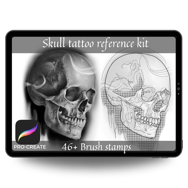 crâne Procreate Brush Set | Pinceaux de tampon de tatouage uniques | Pochoir de tatouage d'art numérique | Procréer des pinceaux pour référence de tatouage | Horreur