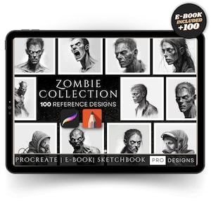 Puede incluir: Una tableta digital muestra una colección de zombis con 100 diseños de referencia. La pantalla presenta ilustraciones en escala de grises de zombis, con el texto "ZOMBIE COLLECTION" y "E-BOOK INCLUDED +100". La tableta también presenta las palabras "PROCREATE | E-BOOK | SKETCHBOOK | PRO DESIGNS".