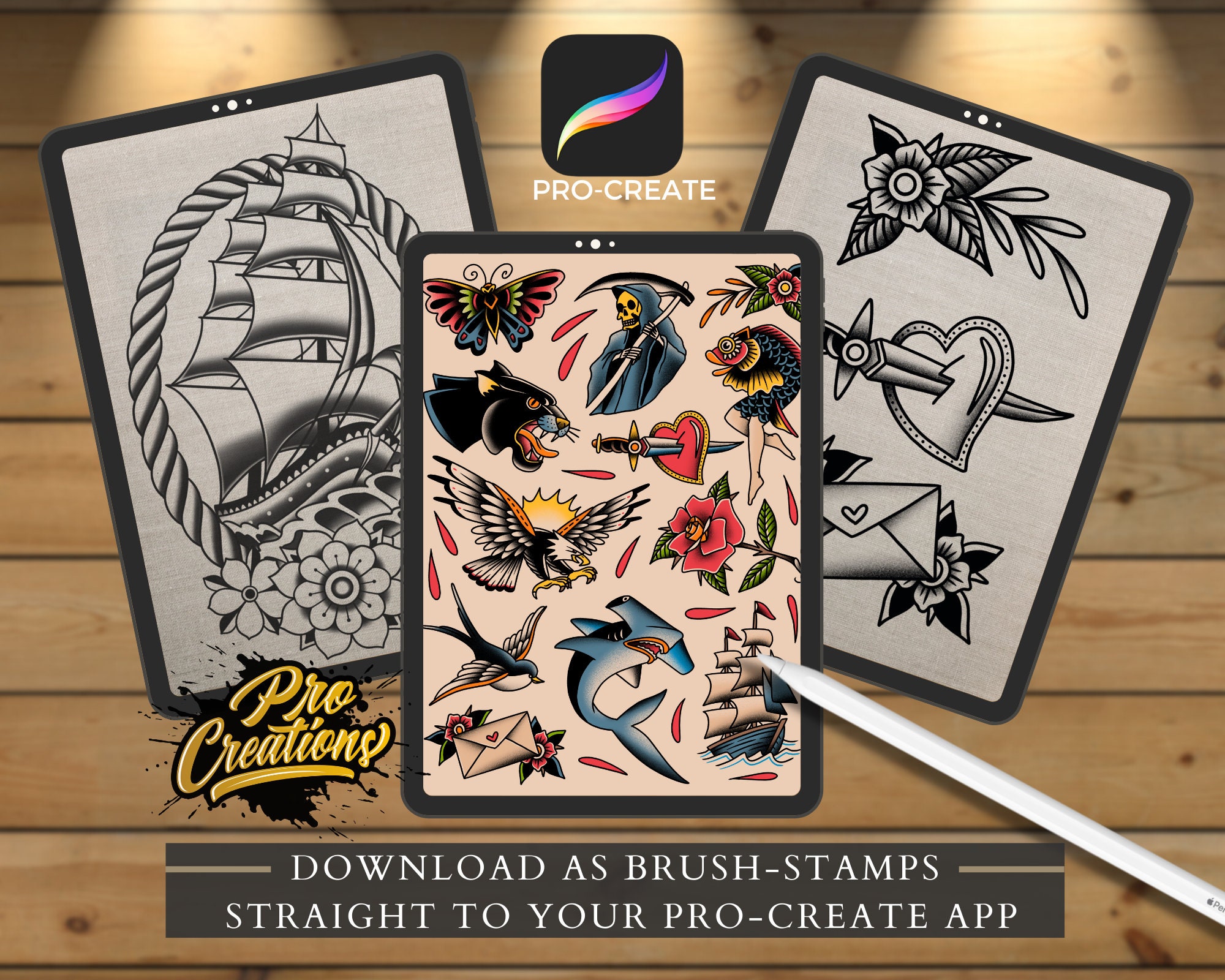 Traditional Tattoo Procreate Brush Set: 36x Tattoo Stamp Brushes ...