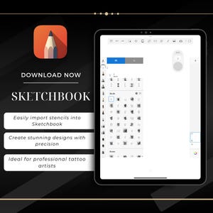 May include: A screenshot of a tablet displaying the Sketchbook app. The app has a white background and a grey toolbar at the top. The toolbar contains icons for various tools, including a pencil, a brush, and a ruler. The app also has a white canvas in the centre, where users can draw and create art. The app has a library of stencils that can be imported into the app. The text "DOWNLOAD NOW" and "SKETCHBOOK" is displayed on the screen. The text "Easily import stencils into Sketchbook", "Create stunning designs with precision", and "Ideal for professional tattoo artists" is displayed on the screen.