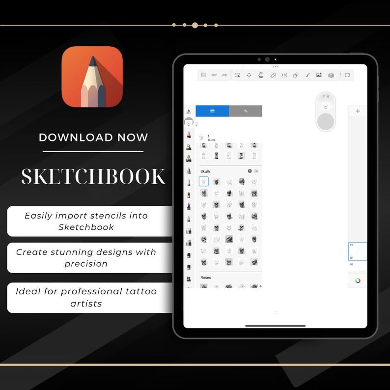 May include: A screenshot of a tablet displaying the Sketchbook app. The app has a white background and a grey toolbar at the top. The toolbar contains icons for various tools, including a pencil, a brush, and a ruler. The app also has a white canvas in the centre, where users can draw and create art. The app has a library of stencils that can be imported into the app. The text "DOWNLOAD NOW" and "SKETCHBOOK" is displayed on the screen. The text "Easily import stencils into Sketchbook", "Create stunning designs with precision", and "Ideal for professional tattoo artists" is displayed on the screen.
