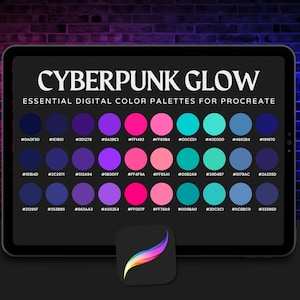 May include: A digital screen displaying a colour palette with the title "Cyberpunk Glow: Essential Digital Colour Palettes for Procreate". The palette features 36 colour swatches in shades of blue, purple, pink, and teal.