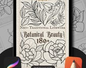 Neo-Traditional Floral Tattoo Designs: Procreate Brush Stamp Pack (Digital Download)