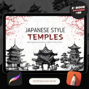 50 Japanese Temple Procreate Brush Stamps: Tattoo Designs (Digital Download)