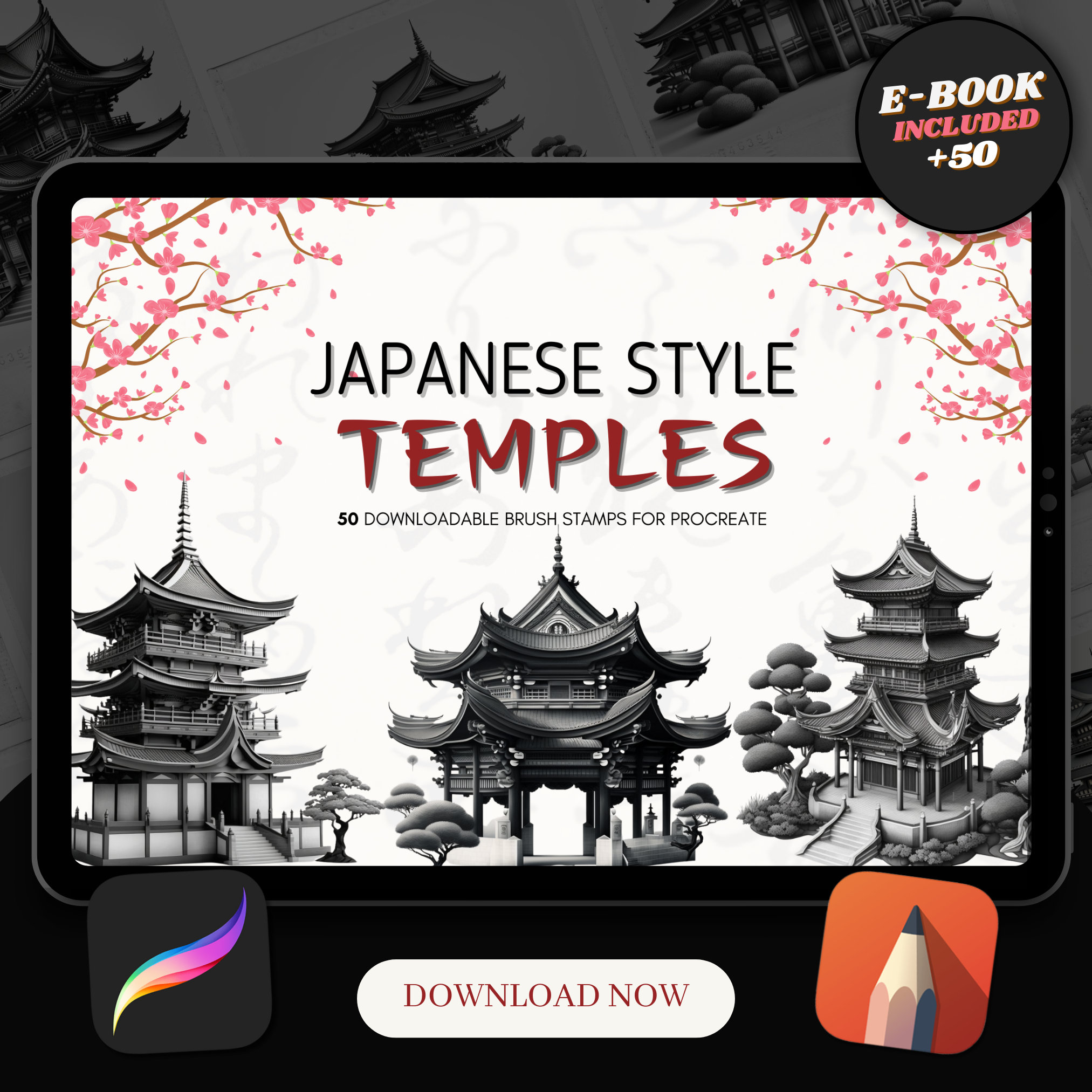 50 Japanese Temple Procreate Brush Stamps: Tattoo Designs (digital ...