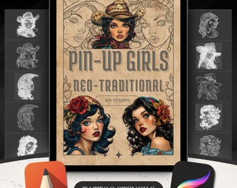 May include: A digital download of 30 tattoo stencils featuring pin-up girls in a neo-traditional style. The image shows a tablet screen displaying the stencils, with the text "Pin-Up Girls Neo-Traditional 30+ Stamps Tattoo Stencils".