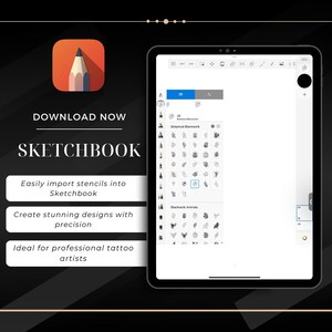 May include: A screenshot of a tablet displaying the Sketchbook app. The app features a library of blackwork tattoo stencils, including botanical and animal designs. The text "Botanical Blackwork" and "Blackwork Animals" is visible on the screen.