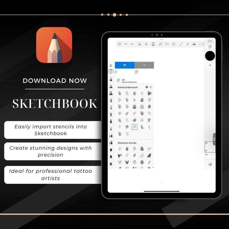 May include: A screenshot of a tablet displaying the Sketchbook app. The app features a library of blackwork tattoo stencils, including botanical and animal designs. The text "Botanical Blackwork" and "Blackwork Animals" is visible on the screen.