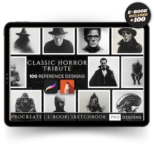 May include: A digital tablet displays a collection of classic horror-themed illustrations. The images include portraits of iconic monsters and figures. Text on the screen reads "CLASSIC HORROR TRIBUTE" and "100 REFERENCE DESIGNS." A small circle indicates an e-book is included.
