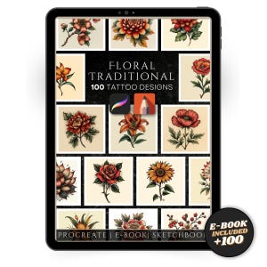 Traditional Floral Tattoo Designs - Procreate & Sketchbook Brushes | 100 Bold Flower Tattoos