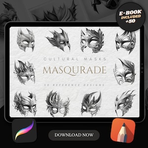 50 Masquerade Mask Procreate Brush Stamps | Tattoo Designs | Digital Art | Procreate Brushes | Tattoo Flash Sheets | Festive Art