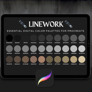 May include: A digital color palette for Procreate, displayed on a tablet. The palette features a range of neutral colors, from black to beige, with corresponding hex codes. The word "LINEWORK" is at the top, with the Procreate app logo at the bottom.