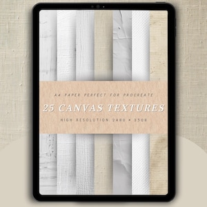 May include: A digital tablet displaying 25 canvas textures in various shades of white and beige. The textures are perfect for use in Procreate and are high resolution, measuring 2480 x 3508 pixels. The text "A4 Paper Perfect for Procreate 25 Canvas Textures High Resolution 2480 x 3508" is displayed on a brown label.