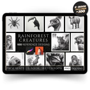 Puede incluir: Una tableta digital muestra ilustraciones en blanco y negro de criaturas de la selva tropical, incluyendo una araña, un tucán y un rinoceronte. La pantalla muestra el texto "Rainforest Creatures" y "100 Reference Designs". También se ve el texto "E-BOOK INCLUDED +100".