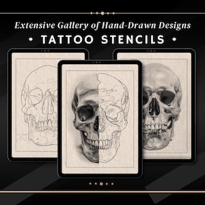 May include: Three digital screens displaying tattoo stencils of a human skull. The skull is drawn in black ink on a white background. The screens are black and have a white border.