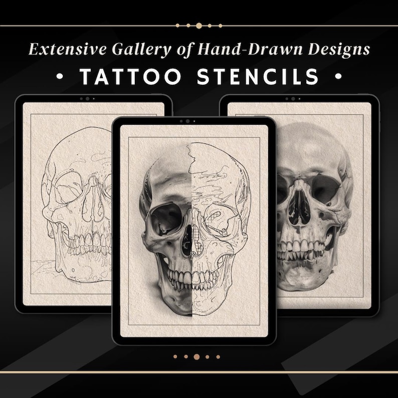 May include: Three digital screens displaying tattoo stencils of a human skull. The skull is drawn in black ink on a white background. The screens are black and have a white border.