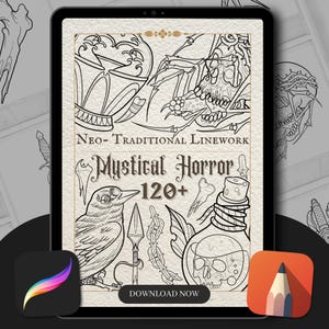 May include: Digital art design displayed on a tablet. The design features neo-traditional linework with a mystical horror theme. Includes a raven, spear, skull, and potion bottle. The text reads "Neo-Traditional Linework" and "Mystical Horror 120+".