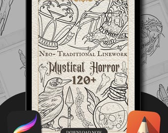 Neo-Traditional Mystic Horror Tattoo Flash Stamps: Procreate & Sketchbook (Digital Download)