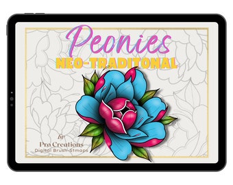 May include: Digital brush stamps for creating neo-traditional style peony tattoos. The image shows a blue and pink peony flower with green leaves. The text "Peonies NEO-TRADITIONAL by Pro Creations Digital Brush-Stamps" is visible.