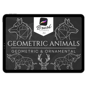 May include: A digital tablet screen displaying a set of 32 geometric animal illustrations. The illustrations are in black and white and feature a wolf, a deer, and a bull. The text "Brush Stamps" and "Geometric Animals" is displayed on the screen.