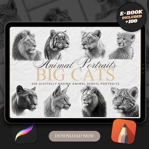 Big Cats Procreate Brush Stamps: Tattoo Designs, Animal Head Art (Digital Download)