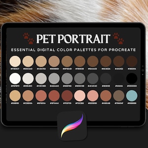 May include: A digital tablet displays a "PET PORTRAIT" graphic with paw prints. Below, it showcases essential digital color palettes for Procreate, featuring various shades of brown, beige, gray, and blue, with color codes listed.