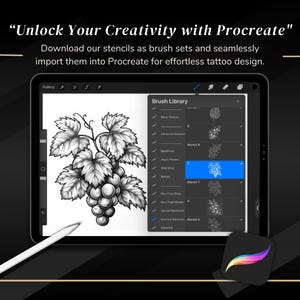 May include: A screenshot of a digital art app on an iPad, showing a brush library with various stencil options. The stencil options include "Buddhism", "Angry Pirates", "Wild Vines", "Mobs", "Neo-Trad Birds", "Neo-Trad Women", "Animal Blackwork", and "Botanical Blackwork". The app is called "Procreate" and the text "Unlock Your Creativity with Procreate" is displayed at the top of the screen.