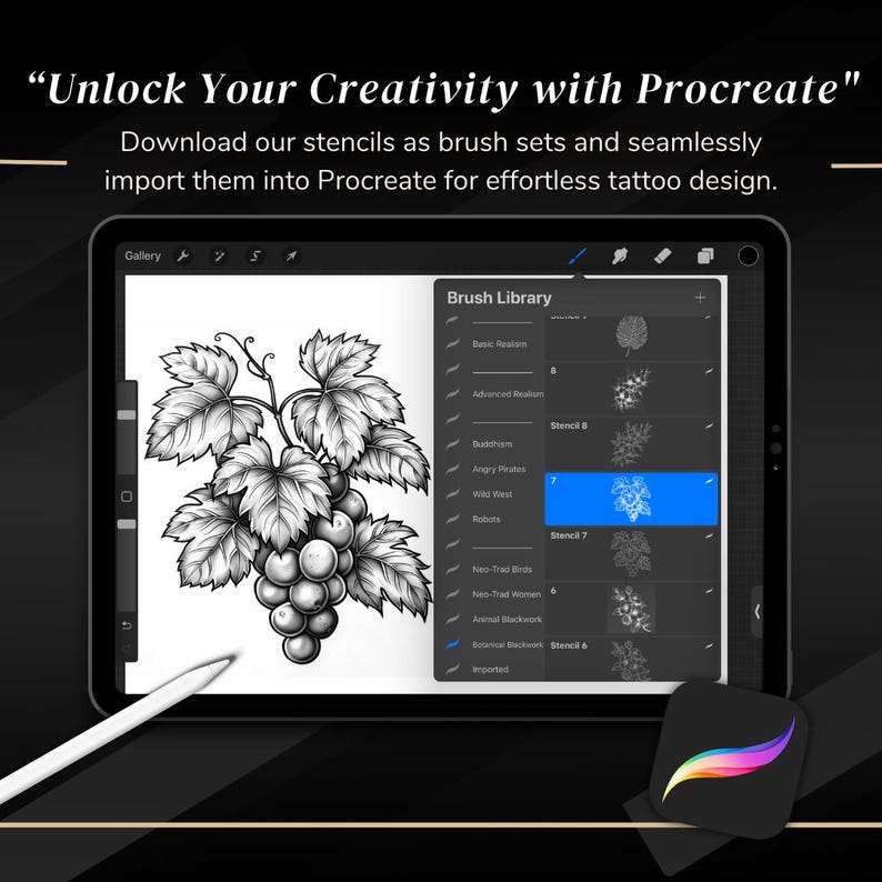 May include: A screenshot of a digital art app on an iPad, showing a brush library with various stencil options. The stencil options include "Buddhism", "Angry Pirates", "Wild Vines", "Mobs", "Neo-Trad Birds", "Neo-Trad Women", "Animal Blackwork", and "Botanical Blackwork". The app is called "Procreate" and the text "Unlock Your Creativity with Procreate" is displayed at the top of the screen.