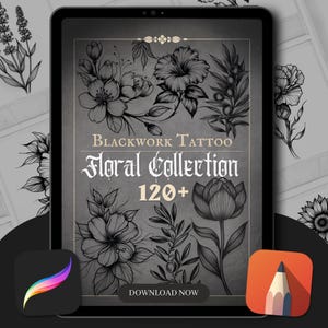 Peut inclure: Illustrations en noir et blanc de différentes fleurs et plantes. Le texte "Blackwork Tattoo Floral Collection 120+ Download Now" est affiché sur l'image.