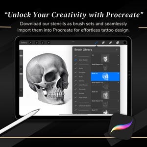 May include: A screenshot of the Procreate app on an iPad showing a skull drawing in the gallery and a list of brush sets in the brush library. The brush library includes a set of skull stencils.