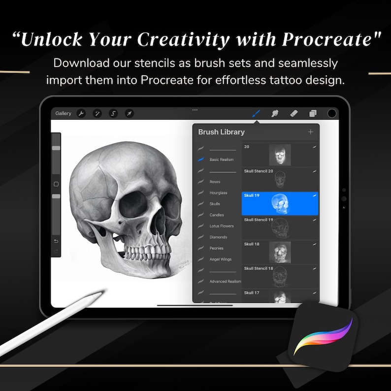 May include: A screenshot of the Procreate app on an iPad showing a skull drawing in the gallery and a list of brush sets in the brush library. The brush library includes a set of skull stencils.