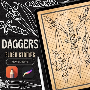 May include: Digital art of dagger flash stamps. The image shows a tablet displaying traditional dagger designs, with the word "TRADITIONAL" at the top. The words "DAGGERS" and "FLASH STAMPS" are also visible, along with the number "50+ STAMPS".