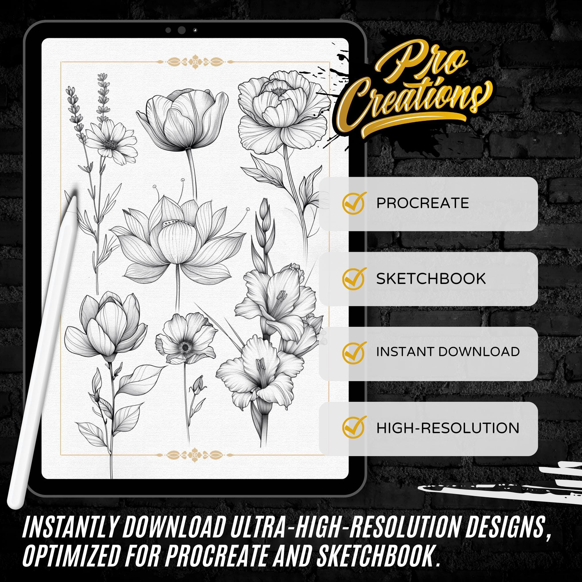 Fineline Floral Tattoo Stencil: Procreate Brush Stamp Pack (digital ...