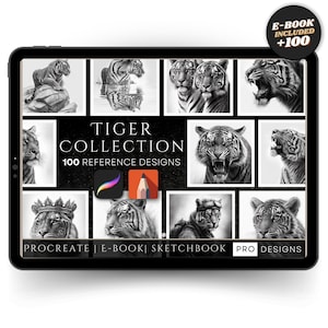 Puede incluir: Una tableta digital muestra una colección de ilustraciones de tigres en blanco y negro. El texto "TIGER COLLECTION" y "100 REFERENCE DESIGNS" son visibles. La tableta también incluye el texto "E-BOOK INCLUDED +100" y "PROCREATE | E-BOOK | SKETCHBOOK | PRO DESIGNS."