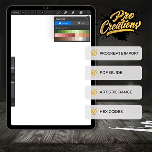 May include: A digital tablet displaying a Procreate interface with a color palette labeled "Botanical Tattoo." The image includes text: "Pro Creations," "Procreate Import," "PDF Guide," "Artistic Range," and "Hex Codes."
