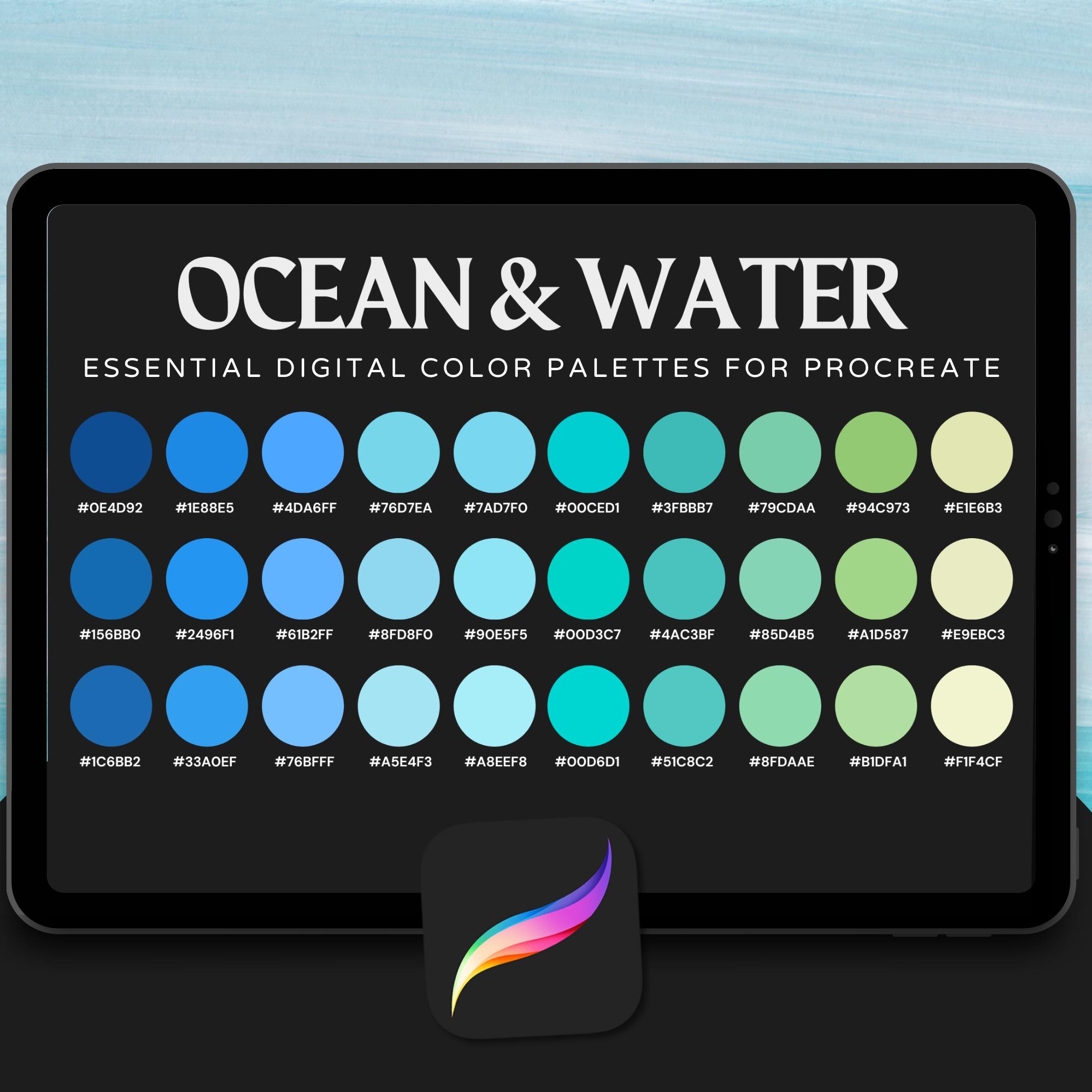 Paleta de colores para Procreate Ocean Water – 30 azules, teals y neutros costeros inspirados en el mar