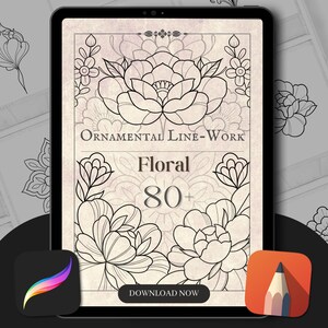May include: A digital tablet shows a floral design with the text "Ornamental Line-Work Floral 80+" and "Download Now." The image features black line art of flowers and leaves on a beige background. Two app icons are visible.
