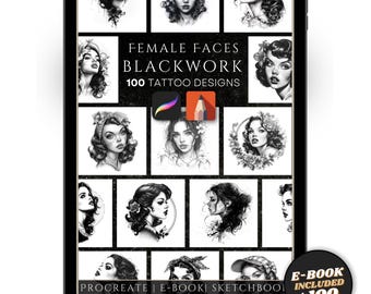 Blackwork Female Faces Tattoo Designs - Procreate Stamps & Sketchbook Brushes | 100 Realistic Portrait Designs