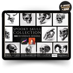 Może przedstawiać: Tablet cyfrowy wyświetla kolekcję upiornych wzorów czaszek. Ekran pokazuje różne ilustracje czaszek z tekstem "SPOOKY SKULL COLLECTION" i "100 REFERENCE DESIGNS". Dołączony jest e-book. Tablet zawiera również słowa "PROCREATE | E-BOOK | SKETCHBOOK | PRO DESIGNS".