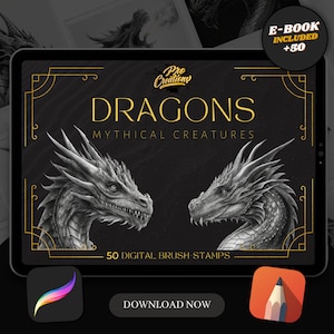 50 Dragon Procreate Brush Stamps | Tattoo Designs | Digital Art | Procreate Brushes | Tattoo Flash Sheets | Mythical Art