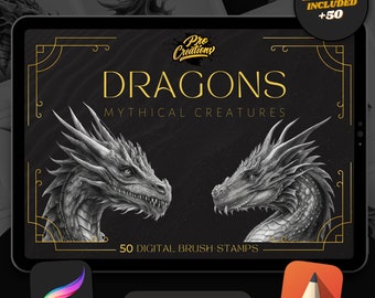 50 Dragon Procreate Brush Stamps: Tattoo & Digital Art Designs (Digital Download)