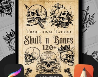 Skull & Bones Tattoo Flash Stamps: Procreate Brush Pack (Digital Download)